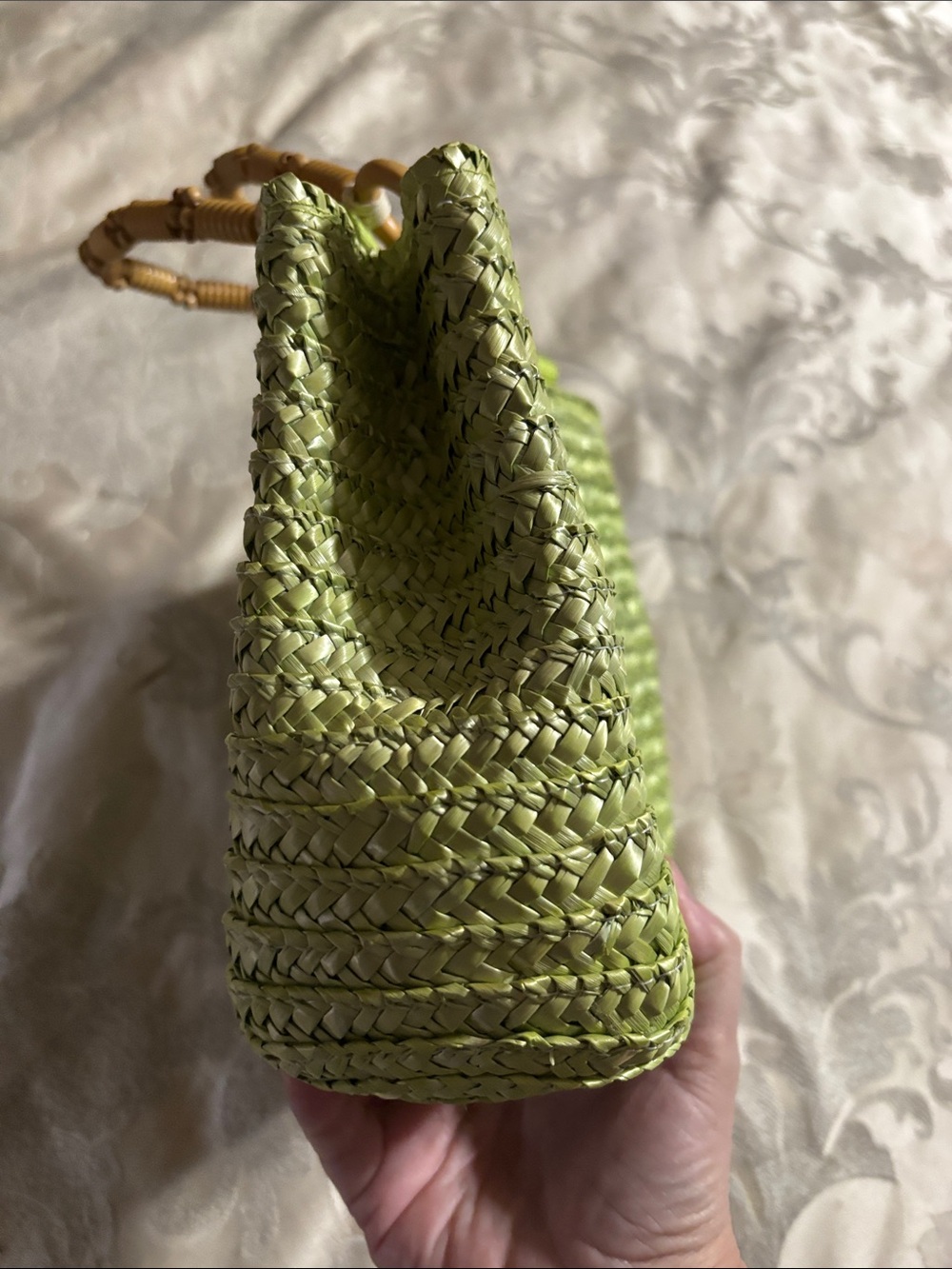 Green Woven Straw Tote with Bamboo-Style Handles - Picture 5 of 10